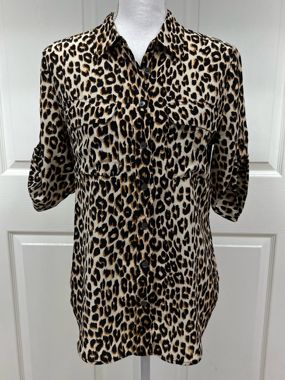 Equipment Silk Leopard Print Button Front Top Size S